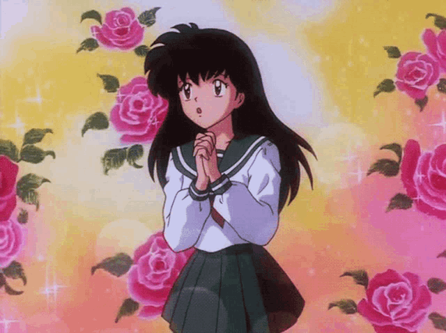 a girl in a school uniform is standing in front of a bunch of pink roses
