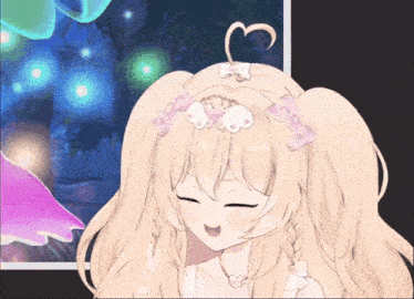 a blonde anime girl with a heart in her hair is making a funny face