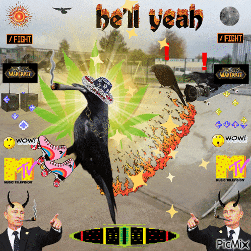 a poster with a crow smoking a cigarette and the words hell yeah
