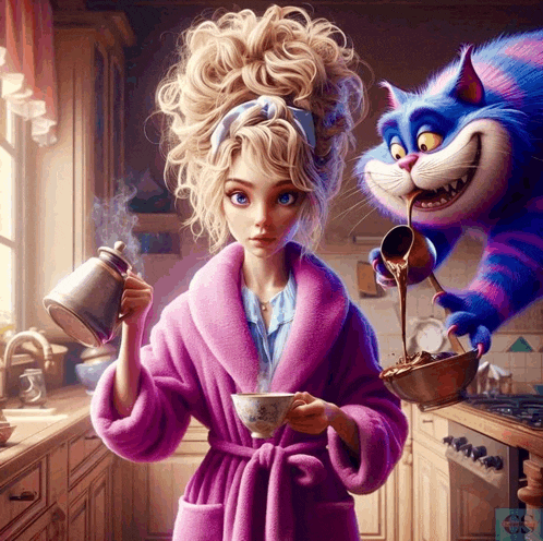 a girl in a bathrobe is holding a cup of coffee while a blue cat pours coffee into a bowl