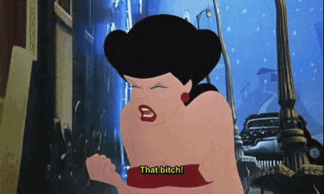 a cartoon woman is saying that bitch in front of a car