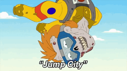 a cartoon character is doing a handstand with the words jump city above him