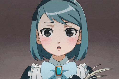 a girl with blue hair has a bow on her collar