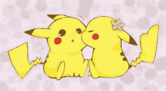 two pikachu kissing on a pink background with purple dots