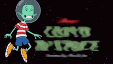 a cartoon character with a helmet on is flying in space