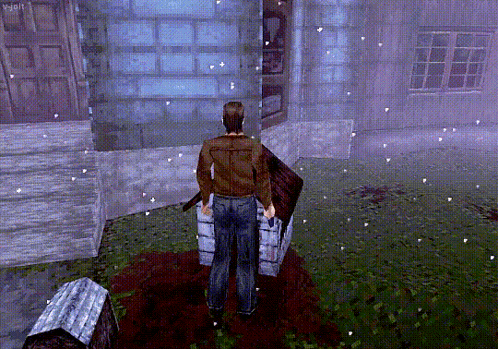 a man in a video game is standing in front of a building that says visit