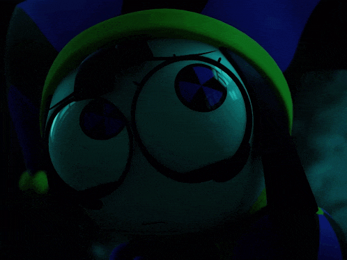 a cartoon character with big eyes and a blue hat