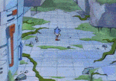 sonic the hedgehog is flying through the air in a cartoon scene .