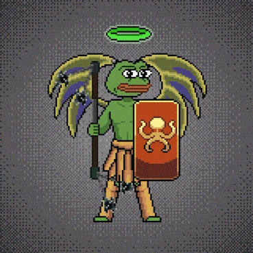 a pixel art of a frog with wings holding a shield