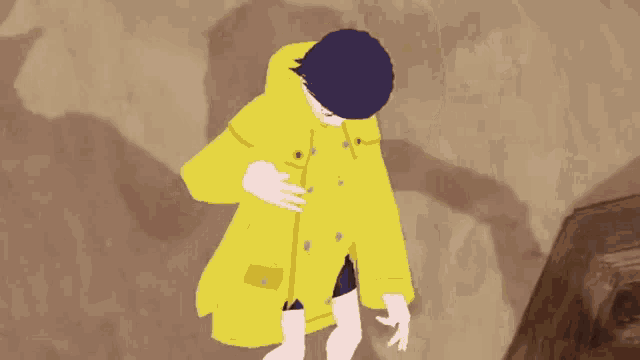 a person wearing a yellow raincoat and shorts is standing on a rock .