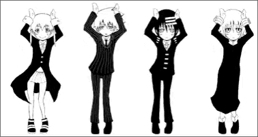 a black and white drawing of a group of anime characters standing next to each other