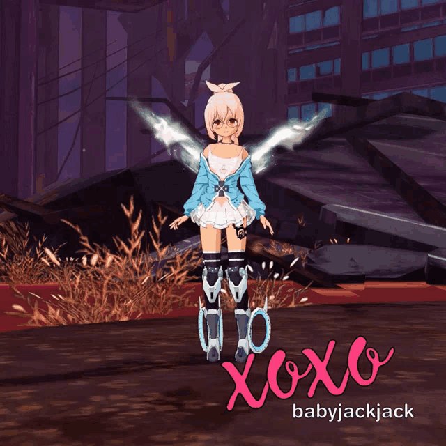 a girl with wings is standing in front of a sign that says " xoxo babyjackjack "