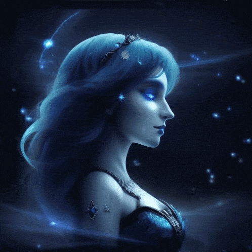 a woman with blue hair and blue eyes is surrounded by planets and stars