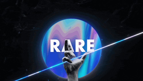 a hand is reaching out towards a blue circle with the word rare on it