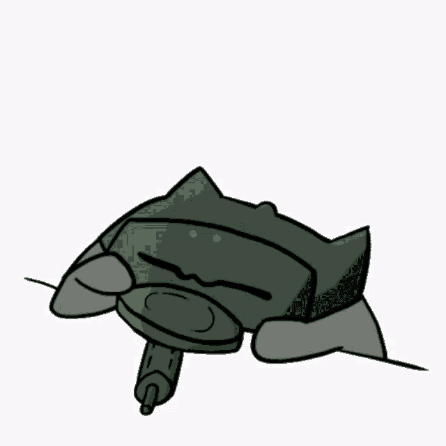 a cartoon drawing of a frog with a gun on its head