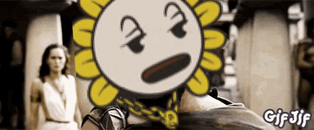 a cartoon drawing of a sunflower with a surprised face and the words gif jif below it