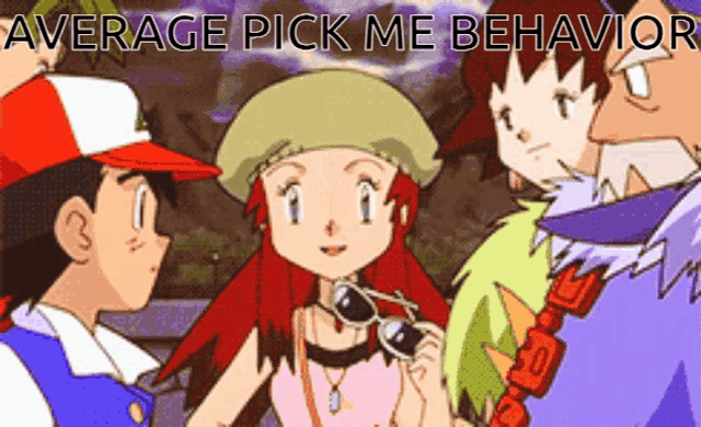 a group of cartoon characters are standing next to each other with the words average pick me behavior above them