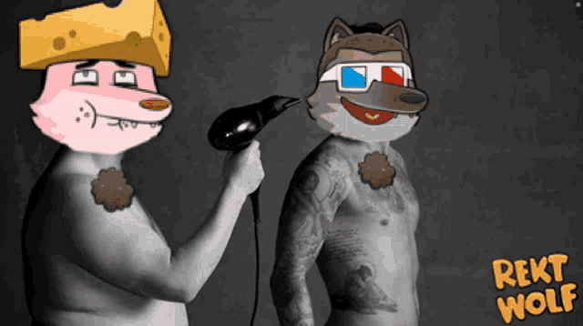 a cartoon of a man blow drying another man 's hair with the words " rekt wolf " on the bottom right