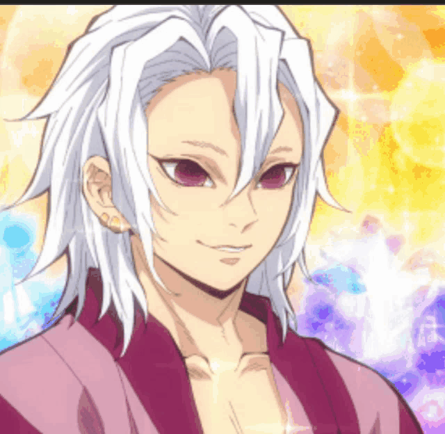 a man with white hair and red eyes is wearing a pink shirt