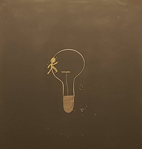 a drawing of a light bulb with a stick figure coming out of it
