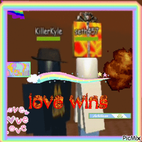 a picture of killer kyle and seth457 with the words love wins in red