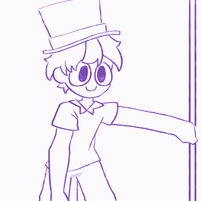 a drawing of a person wearing a top hat and a purple shirt