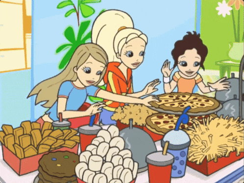 a cartoon of three girls standing around a table with food