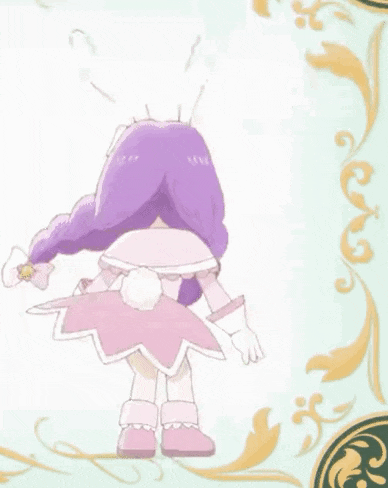 a cartoon character with purple hair and white ears