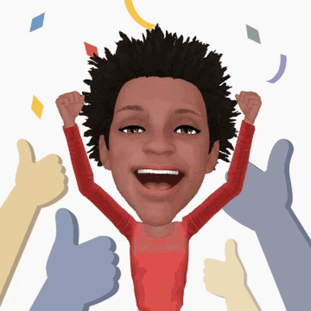 a cartoon of a woman with her arms in the air surrounded by thumbs ups