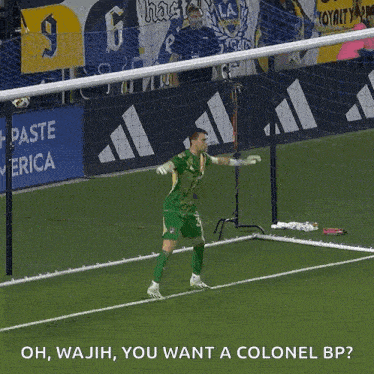 a soccer goalie is standing in front of a goal with the words oh wajah you want a colonel bp