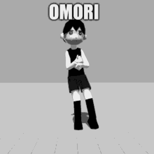 a black and white cartoon character is standing on one leg with the word omori written above him .