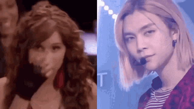 a close up of a woman covering her mouth next to a close up of a man with long hair .