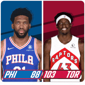 a philadelphia player and a raptors player are shown