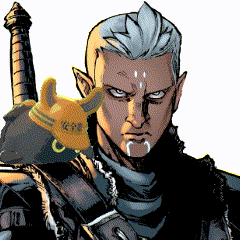 a cartoon drawing of a man holding a sword and a yellow glove