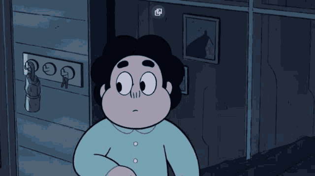 a cartoon character is standing in front of a door with a bear looking out