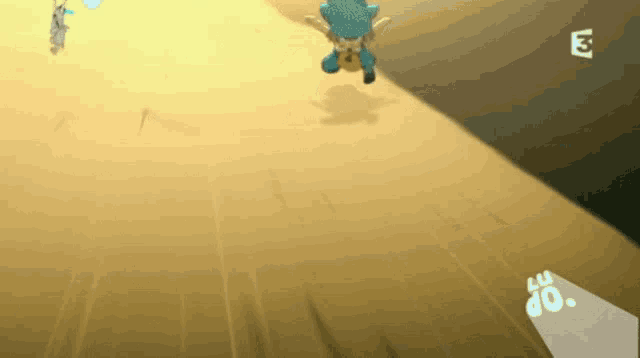 a cartoon character is flying through the air with a sword in his hand .
