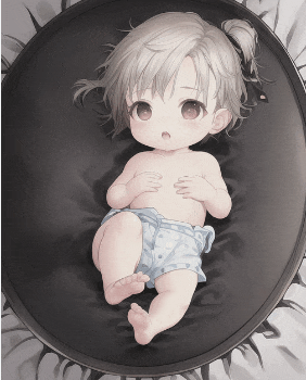 a baby in a diaper is laying on a black pillow
