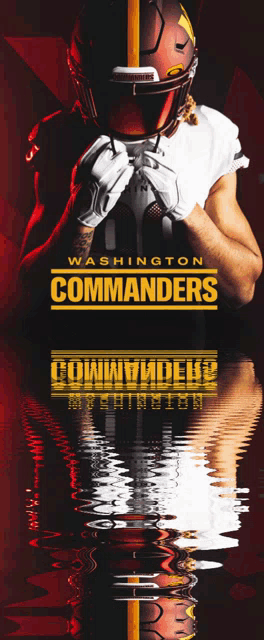 an advertisement for the washington commanders shows a football player holding a ball