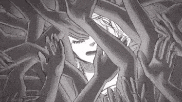 a black and white drawing of a person surrounded by hands