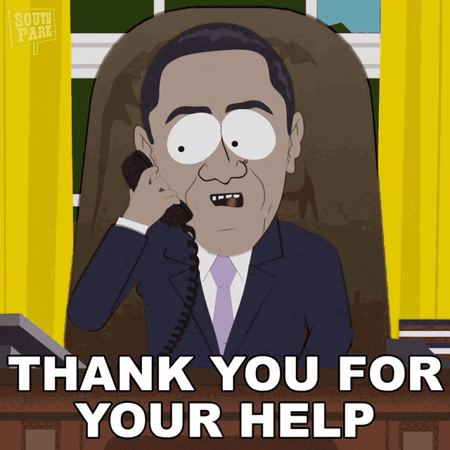 a cartoon of a man talking on a phone with the words thank you for your help