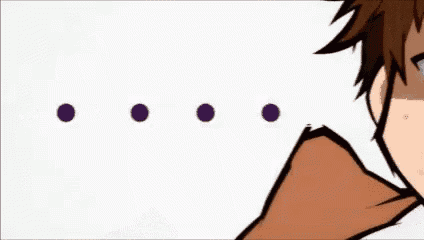 a close up of a cartoon character making a funny face with three purple dots .
