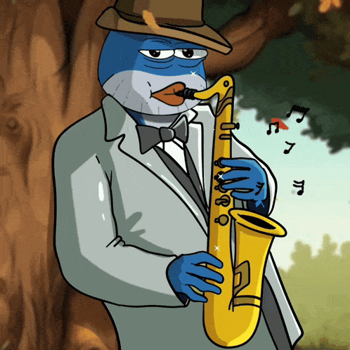 a cartoon of a man playing a saxophone with music notes behind him