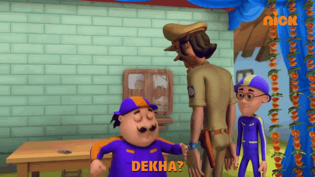 a cartoon character says dekha while talking to a police officer