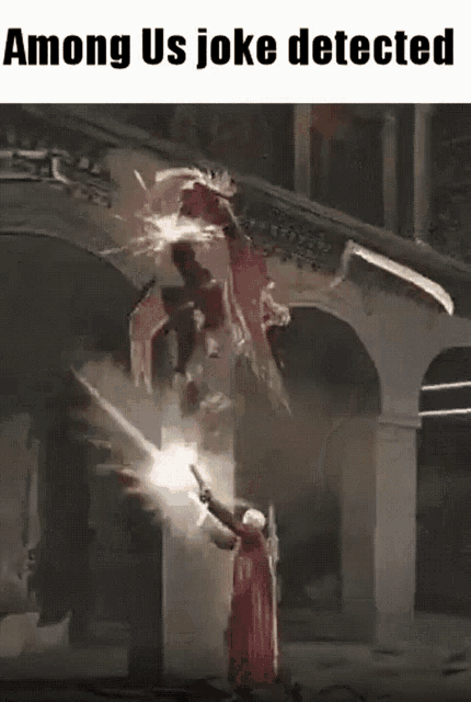 among us joke detected with a picture of a man holding a sword
