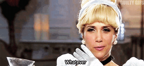 a woman in a cinderella costume is holding a martini glass and saying " whatever "