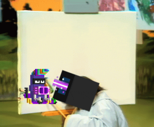 a pixel art painting of a purple monster with the letter u on its face