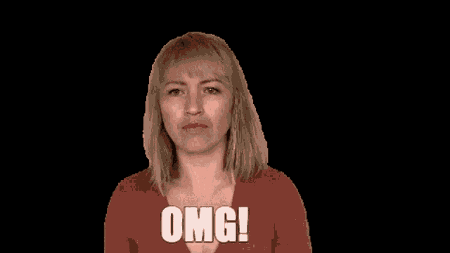 a woman in a red shirt is making a funny face and says omg