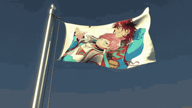 a flag with a picture of two anime characters flying in the sky