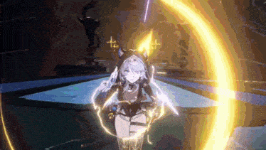 a video game character with a hood on is surrounded by a glowing circle