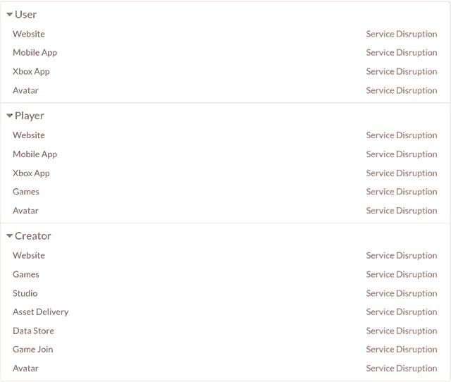a screenshot of a list of service disruptions for different types of users